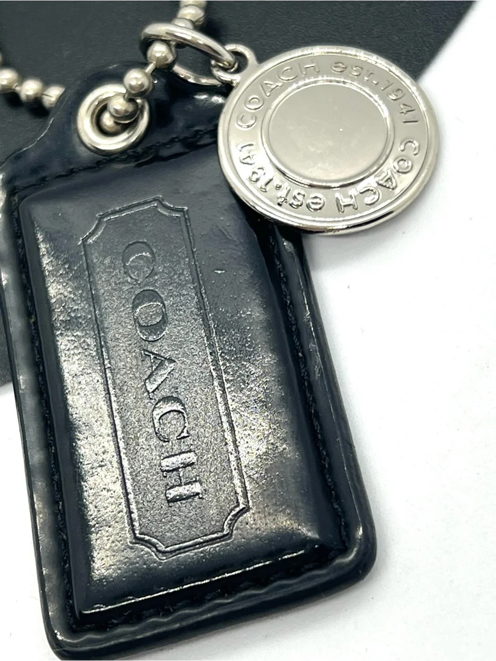 Coach Authentic Black Patent Leather Hangtag Est 1941 Silver Medallion Charm